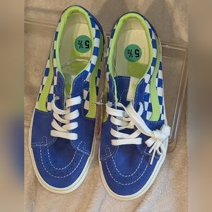 NWOT Vans Blue and Neon Bright Green Checkered Sneakers, Lace-up,‎ Comfy, Sz 7